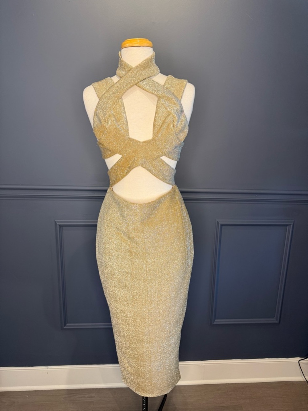 NWT Eliya the Label Gold Shimmer Cross-Front Bodycon Dress